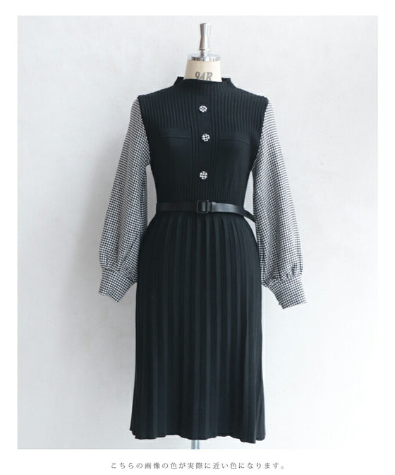 千鳥格子スリーブのニットプリーツミディアムワンピース(ベルト付)