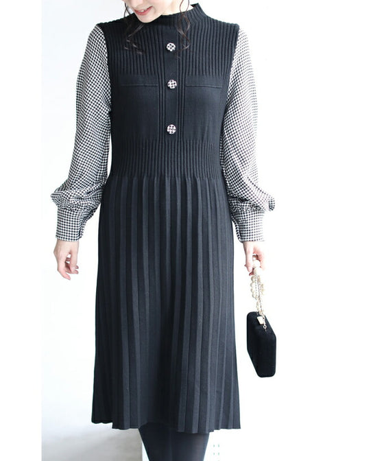 千鳥格子スリーブのニットプリーツミディアムワンピース(ベルト付)