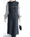 Houndstooth sleeve knit pleated midi dress (with belt)