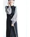 Houndstooth sleeve knit pleated midi dress (with belt)