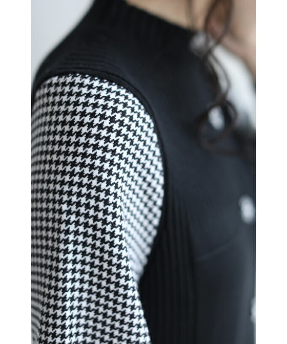 千鳥格子スリーブのニットプリーツミディアムワンピース(ベルト付)