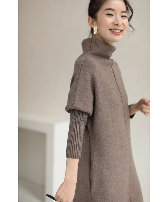 2通りのネックを楽しむニットワンピース/驚暖 ロングワンピース(ブラウン)