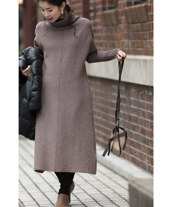 2通りのネックを楽しむニットワンピース/驚暖 ロングワンピース(ブラウン)