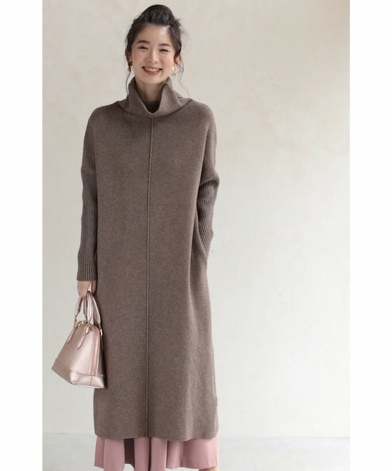 2通りのネックを楽しむニットワンピース/驚暖 ロングワンピース(ブラウン)