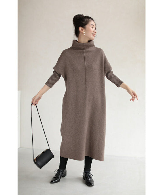 2通りのネックを楽しむニットワンピース/驚暖 ロングワンピース(ブラウン)