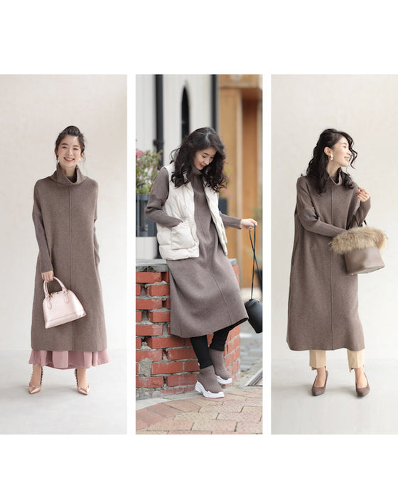 2通りのネックを楽しむニットワンピース/驚暖 ロングワンピース(ブラウン)