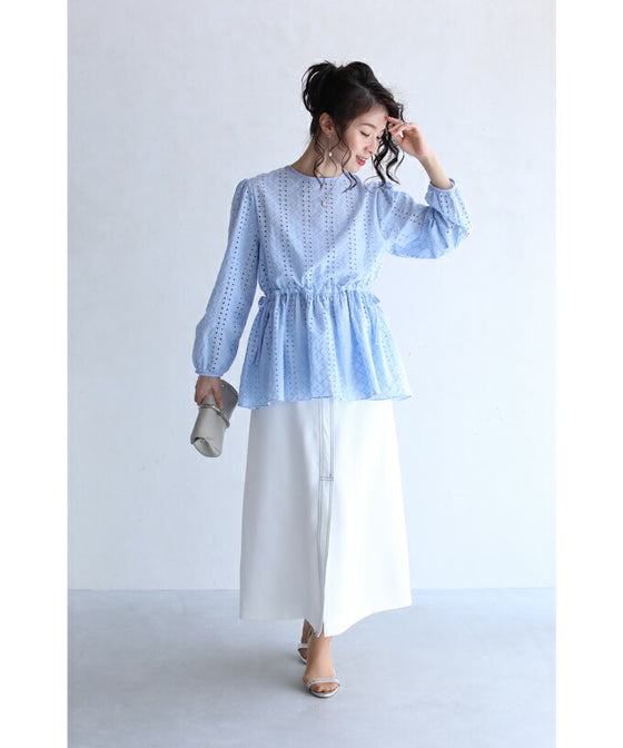 【アウトレット返品交換不可】総パンチングレースのペプラムブラウストップス