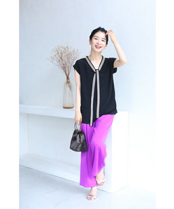 【アウトレット返品交換不可】存在感あるビジュータイの艶カットソートップス