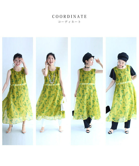 A refreshing yellow-green leaf patterned mid-length dress