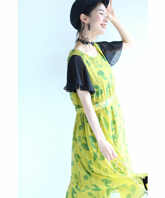 A refreshing yellow-green leaf patterned mid-length dress