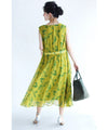 A refreshing yellow-green leaf patterned mid-length dress