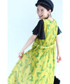 A refreshing yellow-green leaf patterned mid-length dress