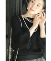 Knit top with puffed sleeves and off-neck puffed sleeves