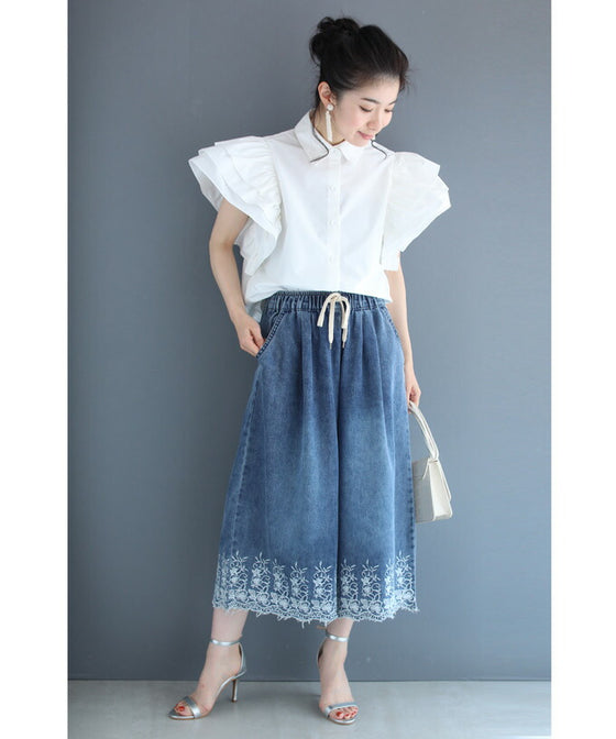 【セール商品返品交換不可】ぐるりと裾刺繍咲くデニムワイドパンツ