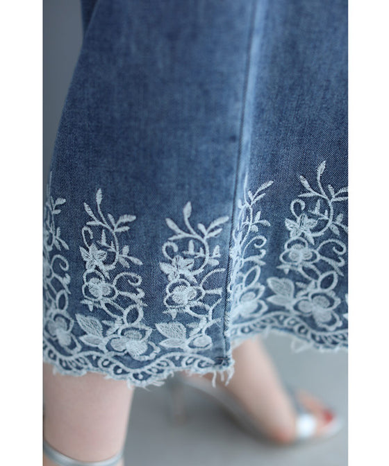 【セール商品返品交換不可】ぐるりと裾刺繍咲くデニムワイドパンツ