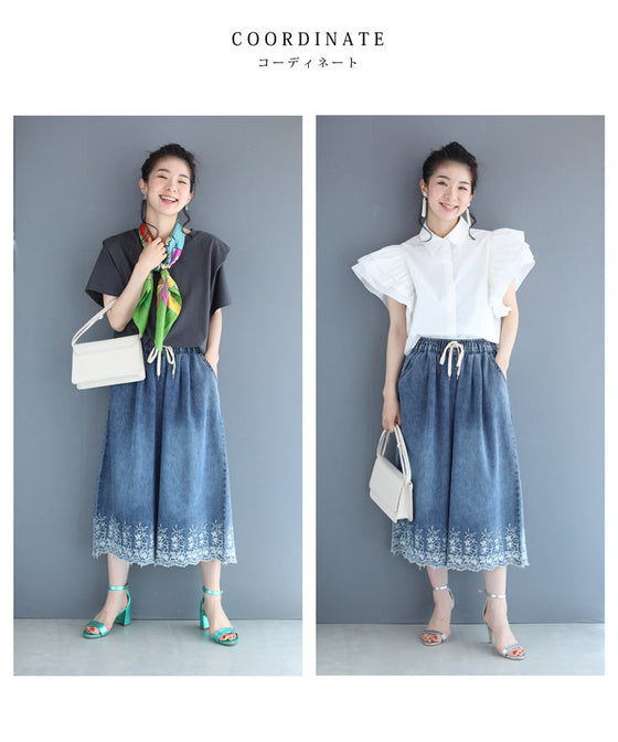 【セール商品返品交換不可】ぐるりと裾刺繍咲くデニムワイドパンツ