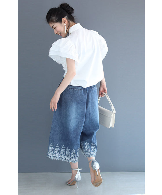 【セール商品返品交換不可】ぐるりと裾刺繍咲くデニムワイドパンツ