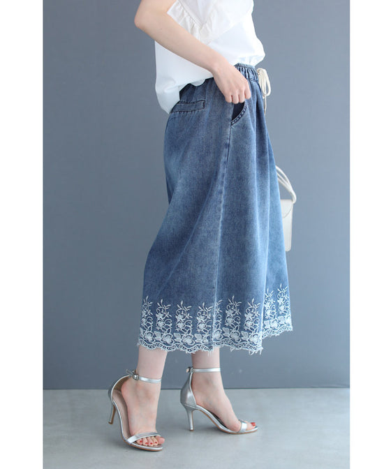 【セール商品返品交換不可】ぐるりと裾刺繍咲くデニムワイドパンツ