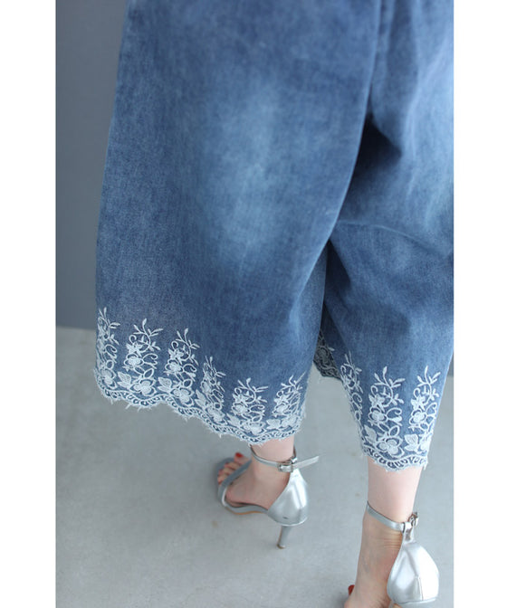 【セール商品返品交換不可】ぐるりと裾刺繍咲くデニムワイドパンツ