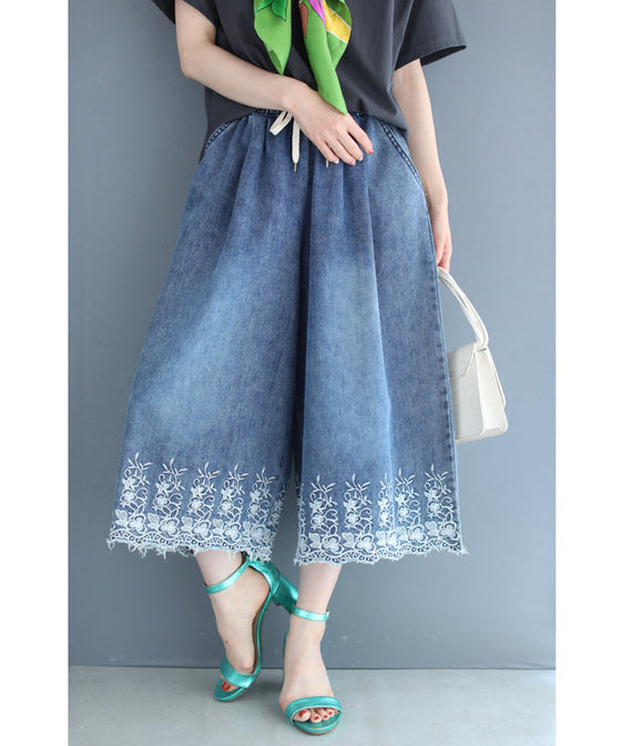 【セール商品返品交換不可】ぐるりと裾刺繍咲くデニムワイドパンツ