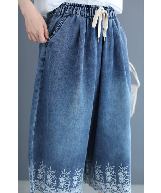 【セール商品返品交換不可】ぐるりと裾刺繍咲くデニムワイドパンツ