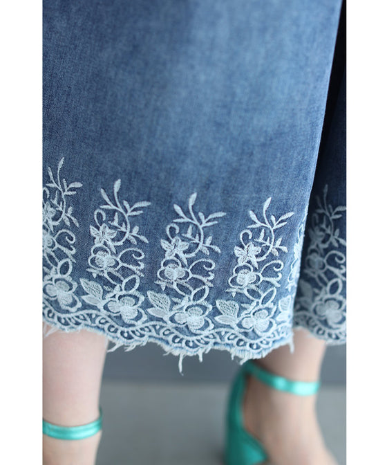 【セール商品返品交換不可】ぐるりと裾刺繍咲くデニムワイドパンツ