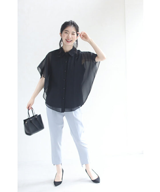 【セール商品返品交換不可】扇型フレアシルエットのシアーブラウストップス