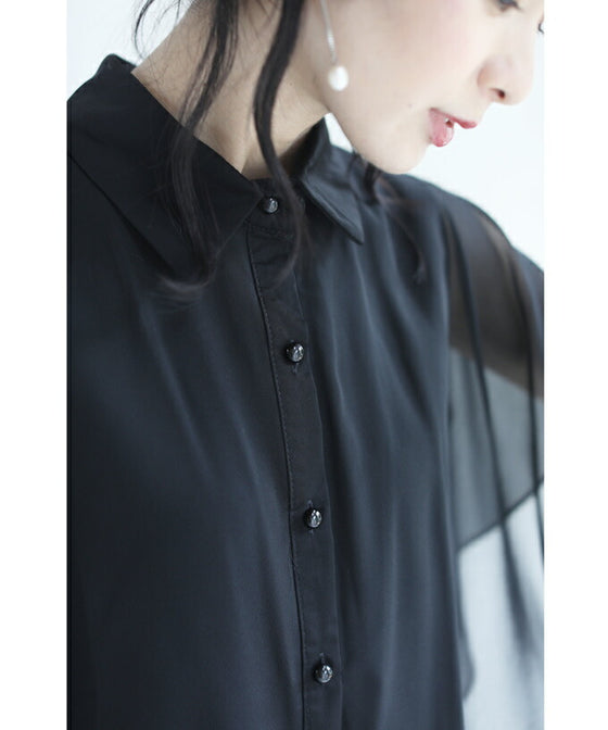 【セール商品返品交換不可】扇型フレアシルエットのシアーブラウストップス