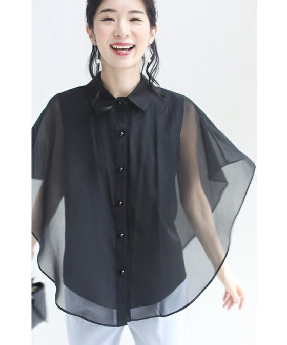 【セール商品返品交換不可】扇型フレアシルエットのシアーブラウストップス