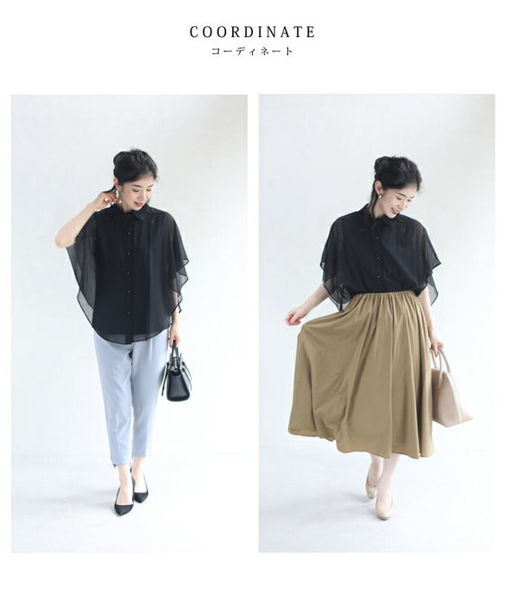 【セール商品返品交換不可】扇型フレアシルエットのシアーブラウストップス