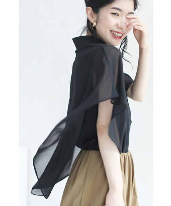 【セール商品返品交換不可】扇型フレアシルエットのシアーブラウストップス