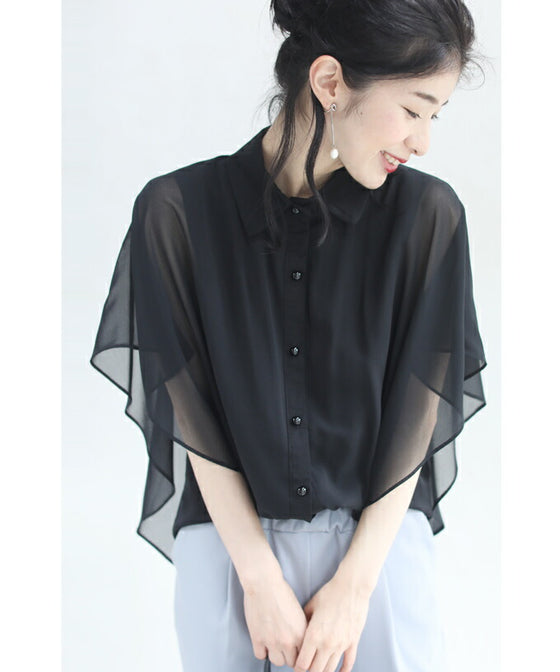【セール商品返品交換不可】扇型フレアシルエットのシアーブラウストップス