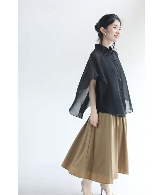 【セール商品返品交換不可】扇型フレアシルエットのシアーブラウストップス