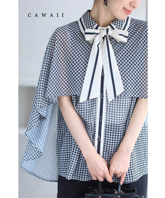 千鳥格子のふわり広がるマントデザインブラウストップス(リボン付き)