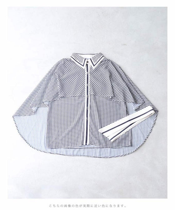 千鳥格子のふわり広がるマントデザインブラウストップス(リボン付き)