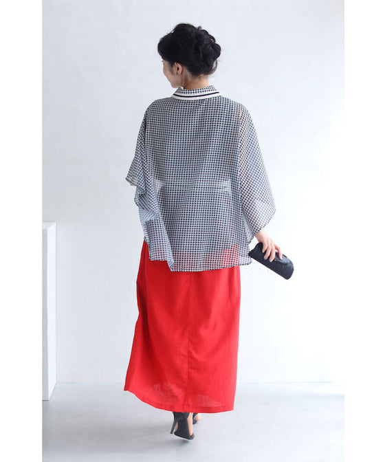 千鳥格子のふわり広がるマントデザインブラウストップス(リボン付き)