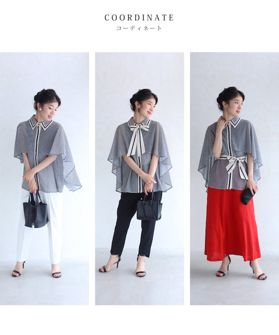 千鳥格子のふわり広がるマントデザインブラウストップス(リボン付き)