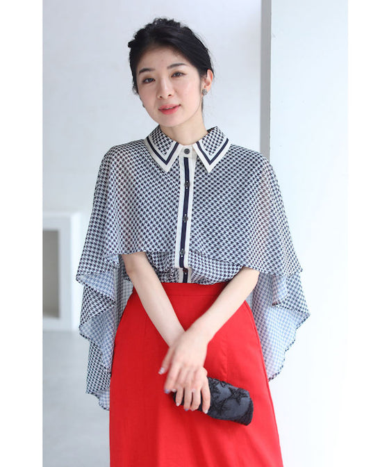 千鳥格子のふわり広がるマントデザインブラウストップス(リボン付き)