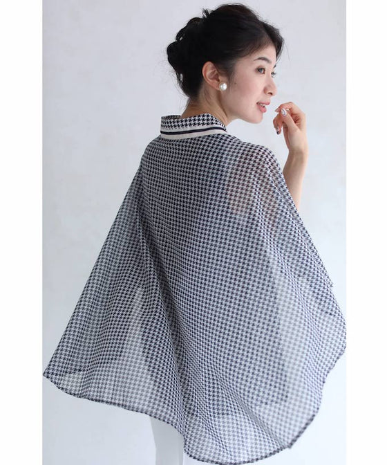 千鳥格子のふわり広がるマントデザインブラウストップス(リボン付き)