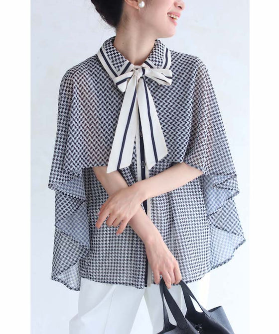 千鳥格子のふわり広がるマントデザインブラウストップス(リボン付き)