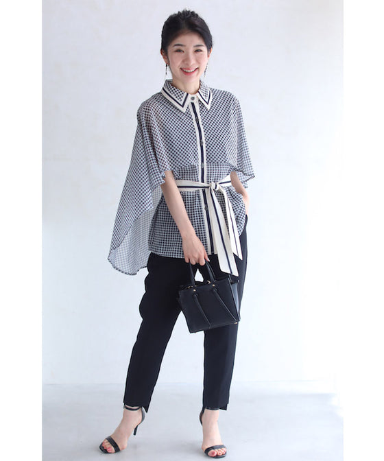 千鳥格子のふわり広がるマントデザインブラウストップス(リボン付き)