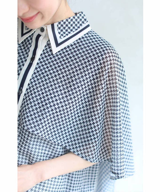 千鳥格子のふわり広がるマントデザインブラウストップス(リボン付き)