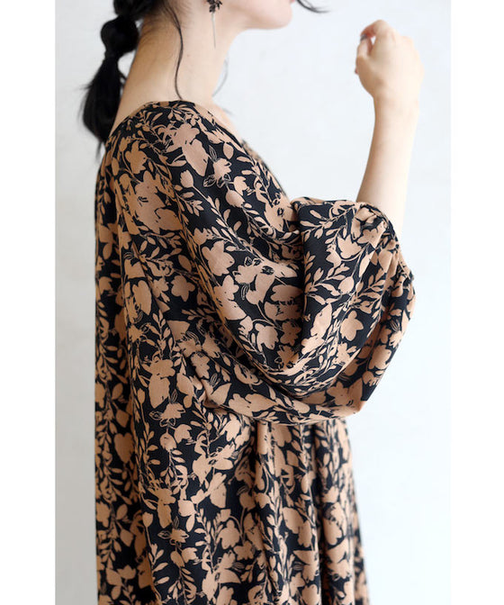 【セール商品返品交換不可】(S~3L対応)（ベルト付き）ふんわり袖の花シルエットロングワンピース