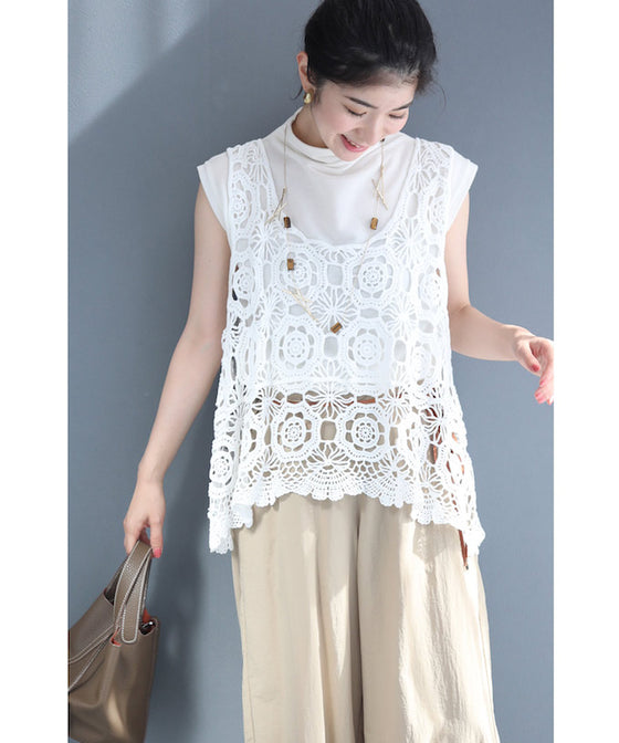 重ねるお洒落アイテム。編みニットレースベスト