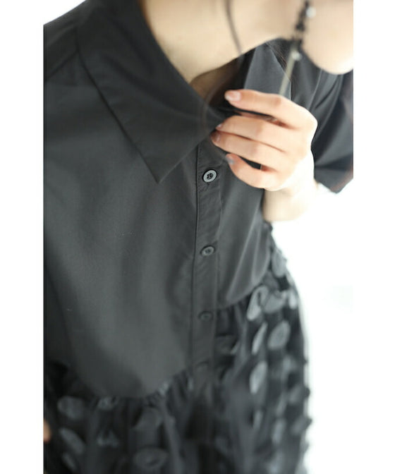 【セール商品返品交換不可】（S~3L対応）（黒）ドットが浮かぶシャツミディアムワンピース