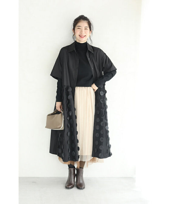 【セール商品返品交換不可】（S~3L対応）（黒）ドットが浮かぶシャツミディアムワンピース