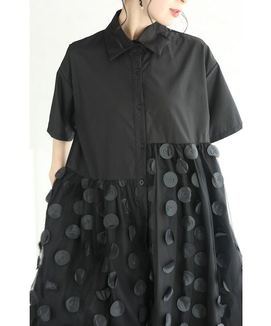 【セール商品返品交換不可】（S~3L対応）（黒）ドットが浮かぶシャツミディアムワンピース