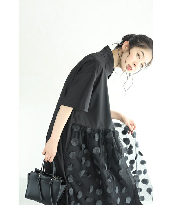 【セール商品返品交換不可】（S~3L対応）（黒）ドットが浮かぶシャツミディアムワンピース
