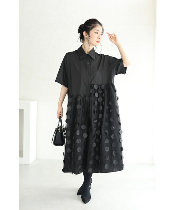 【セール商品返品交換不可】（S~3L対応）（黒）ドットが浮かぶシャツミディアムワンピース