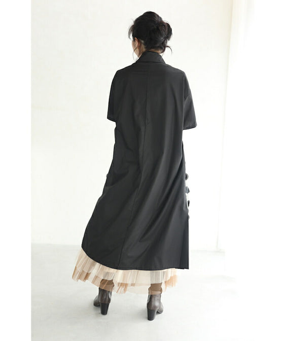 【セール商品返品交換不可】（S~3L対応）（黒）ドットが浮かぶシャツミディアムワンピース